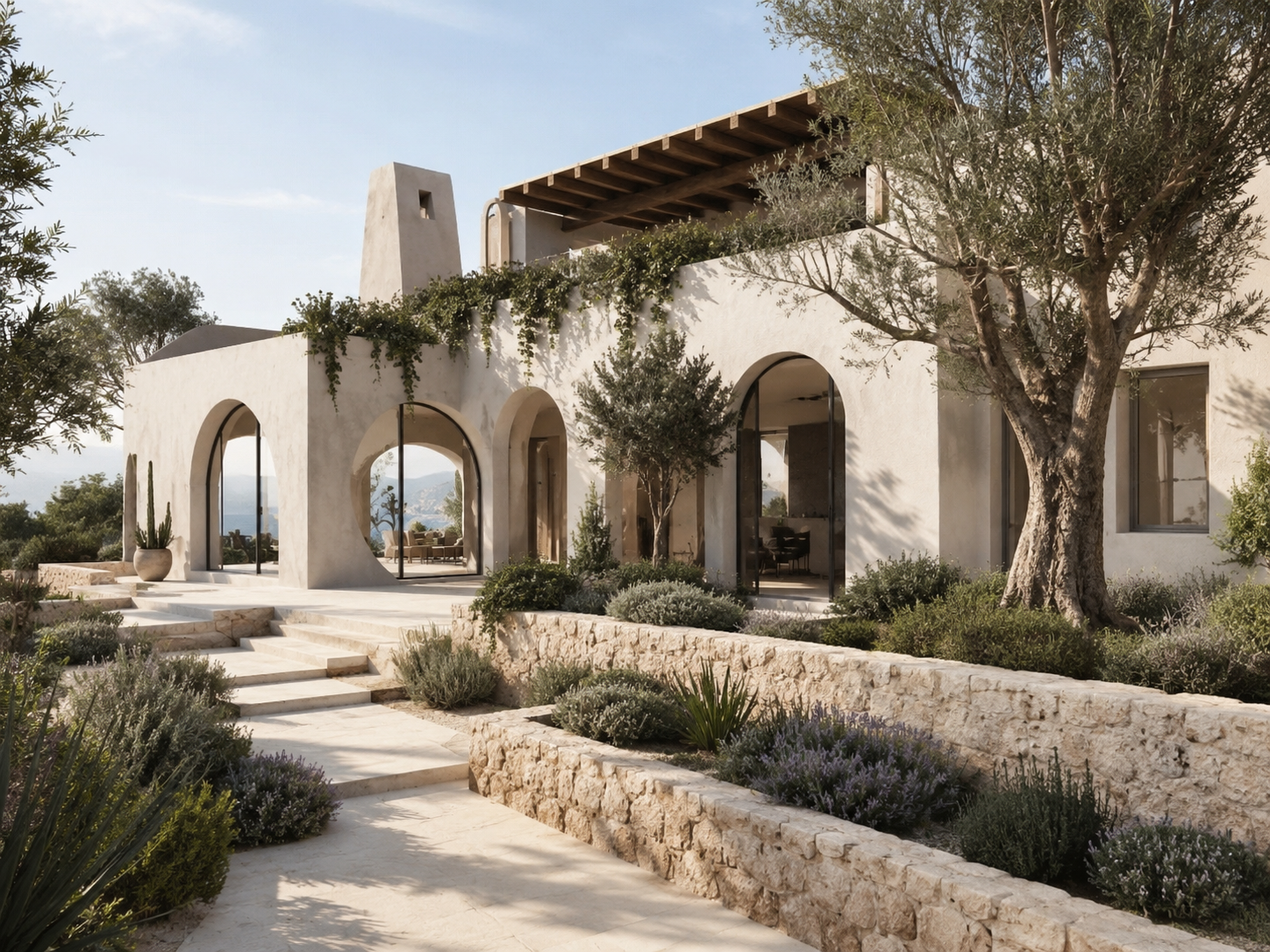 Világos mediterrán villa boltívekkel
